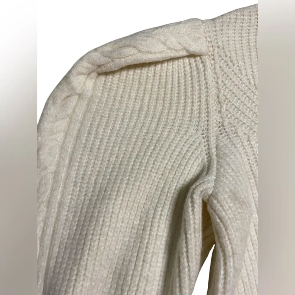 EXPRESS Ivory Mock Neck Back Cutout Puff Sleeve Cropped Sweater - Picture 5 of 8
